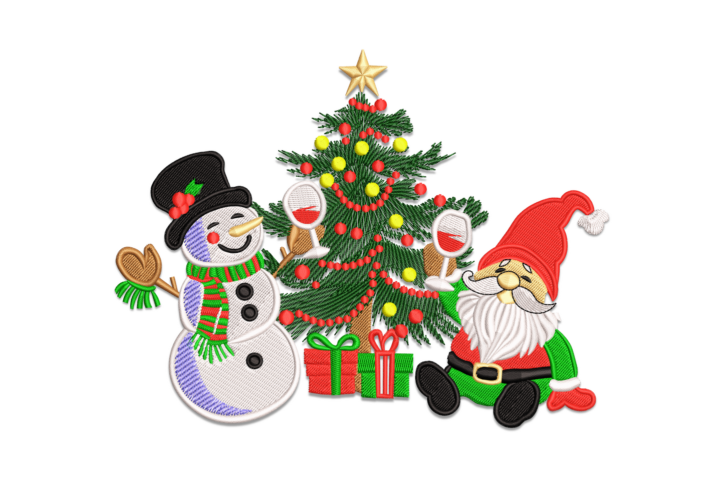 Santa and snowman by decorated Christmas tree embroidery design, 11 colours festive holiday scene, 5 sizes instant download