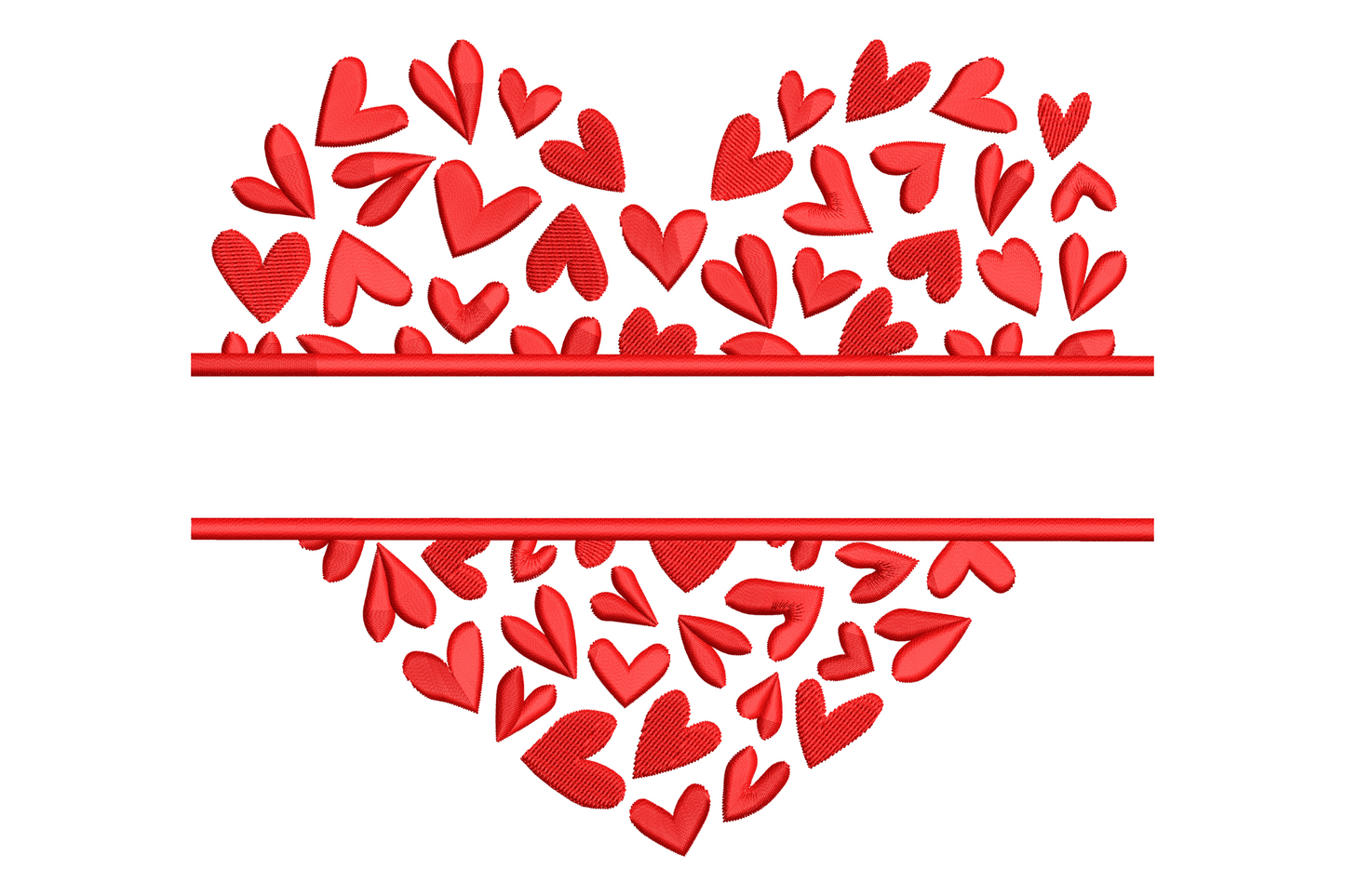 Scattered hearts border embroidery design, large heart made of tiny hearts with split centre gap for monogram, red thread