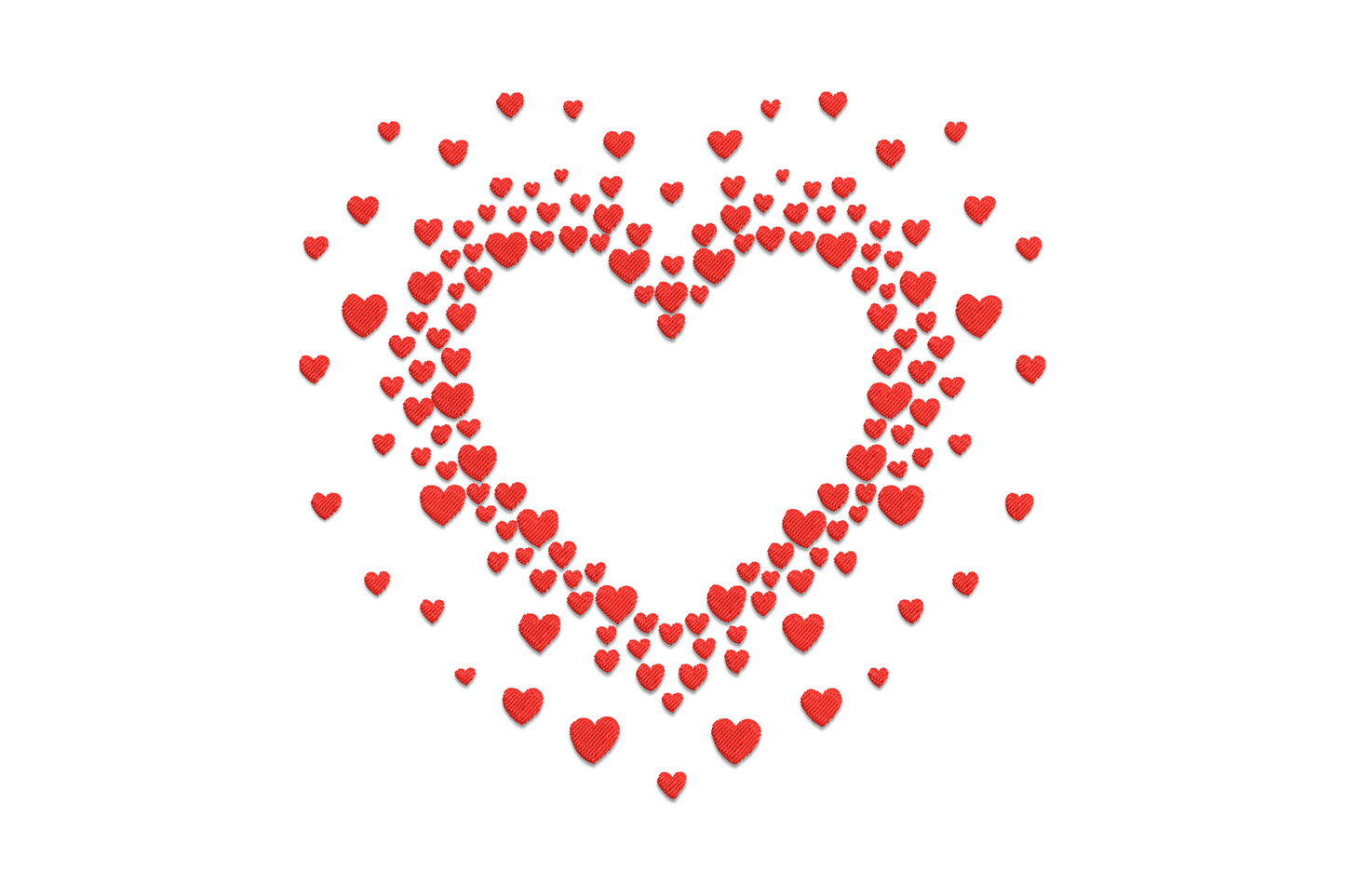 Machine embroidery rectangular frame of irregularly scattered hearts in single red thread with open center on white fabric
