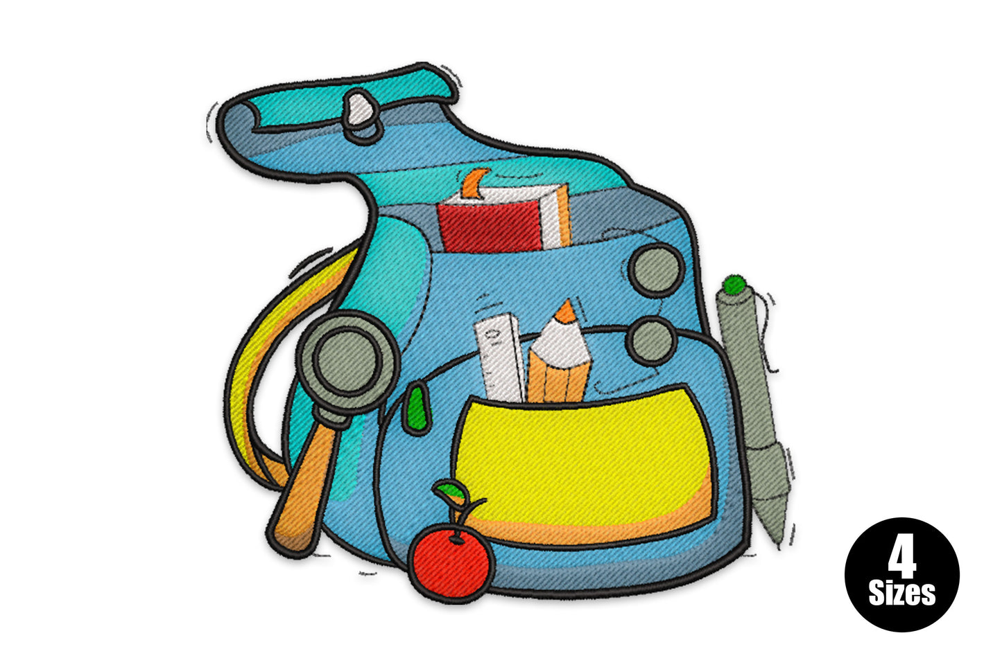 Cartoon school backpack embroidery design in teal and blue, packed with a red book, orange ruler, pencil and red apple.