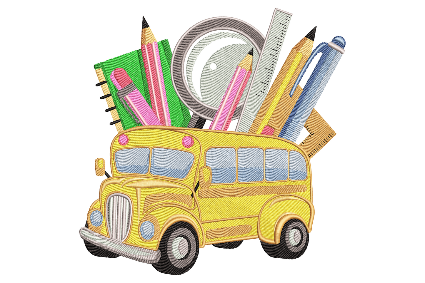 Yellow school bus embroidery loaded with pencils, magnifying glass, ruler, pen and green spiral notebook for back to school