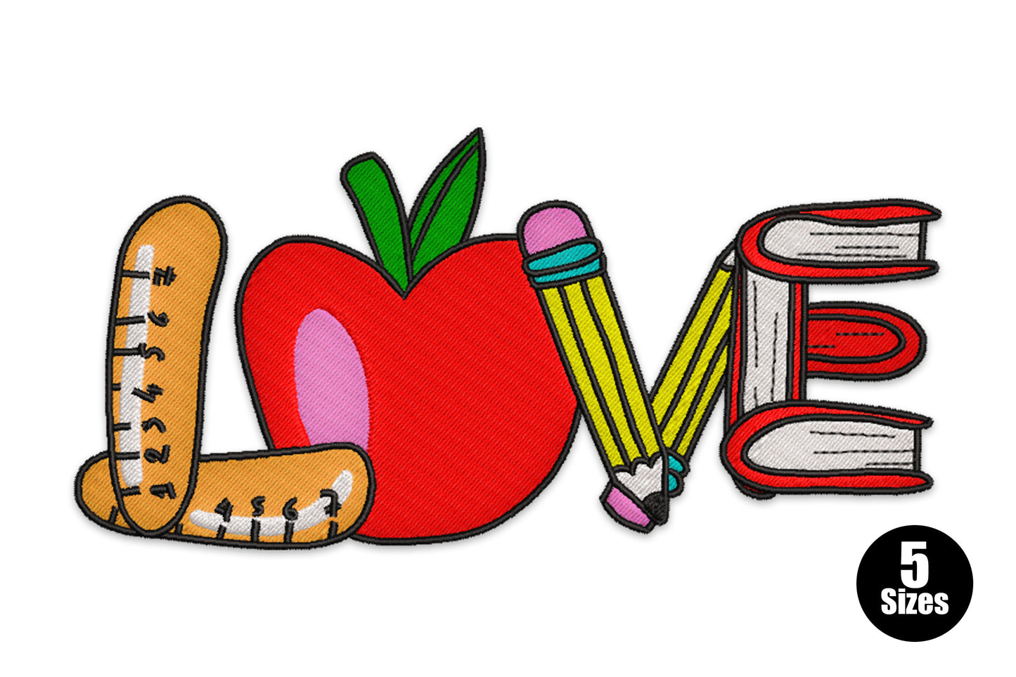 School LOVE embroidery design with ruler L, apple O, pencil V and book stack E in orange, red, yellow and green.