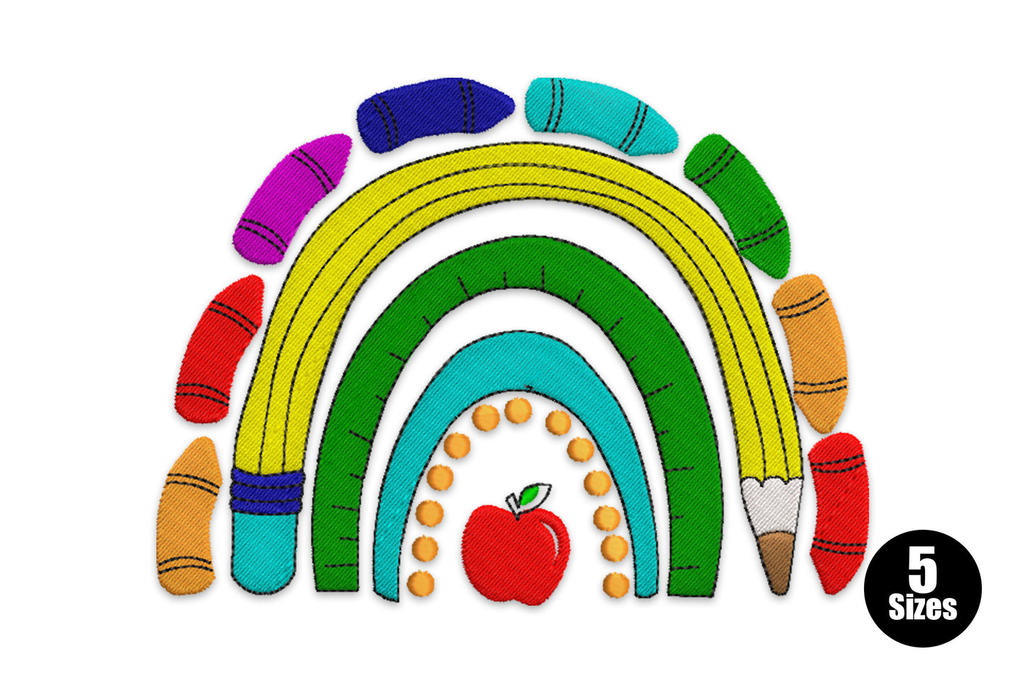 School rainbow embroidery design with yellow, green and teal arches, crayon and pencil border and red apple at centre base.