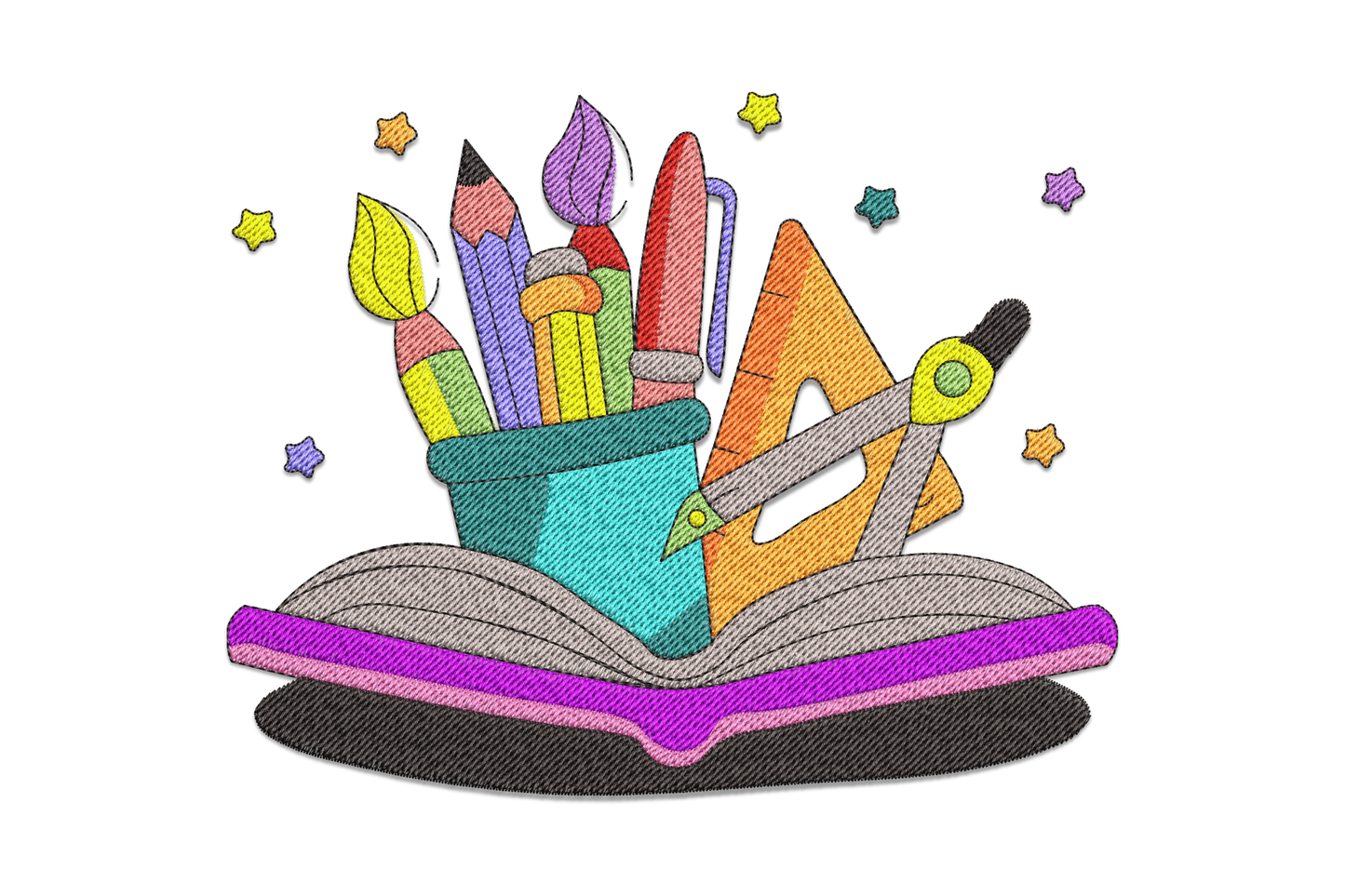 Machine embroidery design of an open book with a teal pencil holder overflowing with school supplies and multicolour stars