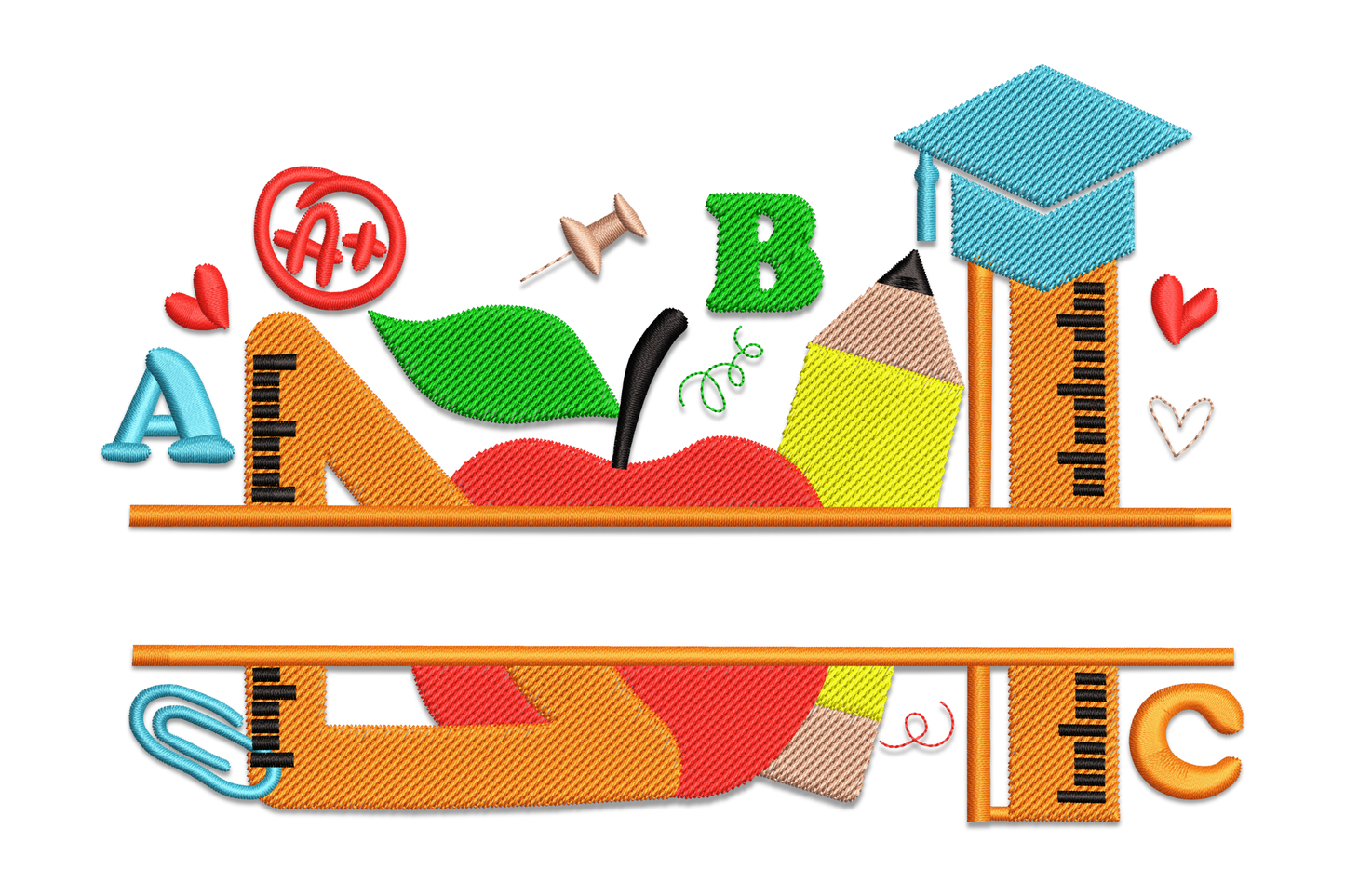 School supplies split monogram frame embroidery design with orange ruler strips, red apple, graduation cap, yellow pencil, ABCs, and blank name band.