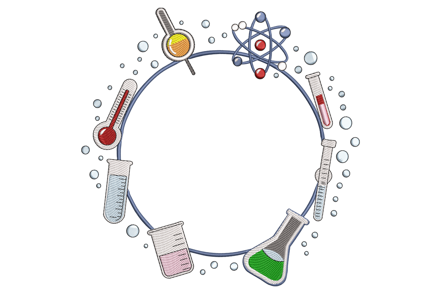 Science circle embroidery with blue ring holding red thermometer, atom, test tube, pink beaker and green flask