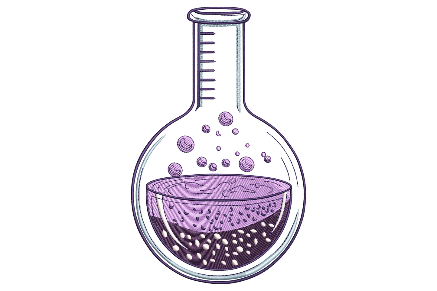 Science flask embroidery design, vintage etched style chemistry flask with bubbling lavender purple liquid and rising bubbles