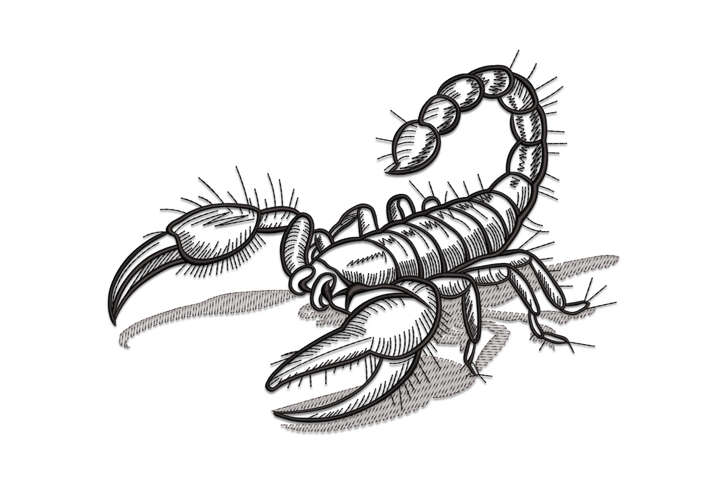 Scorpion embroidery design with arched tail and spread claws, two-colour satin stitch bold graphic style