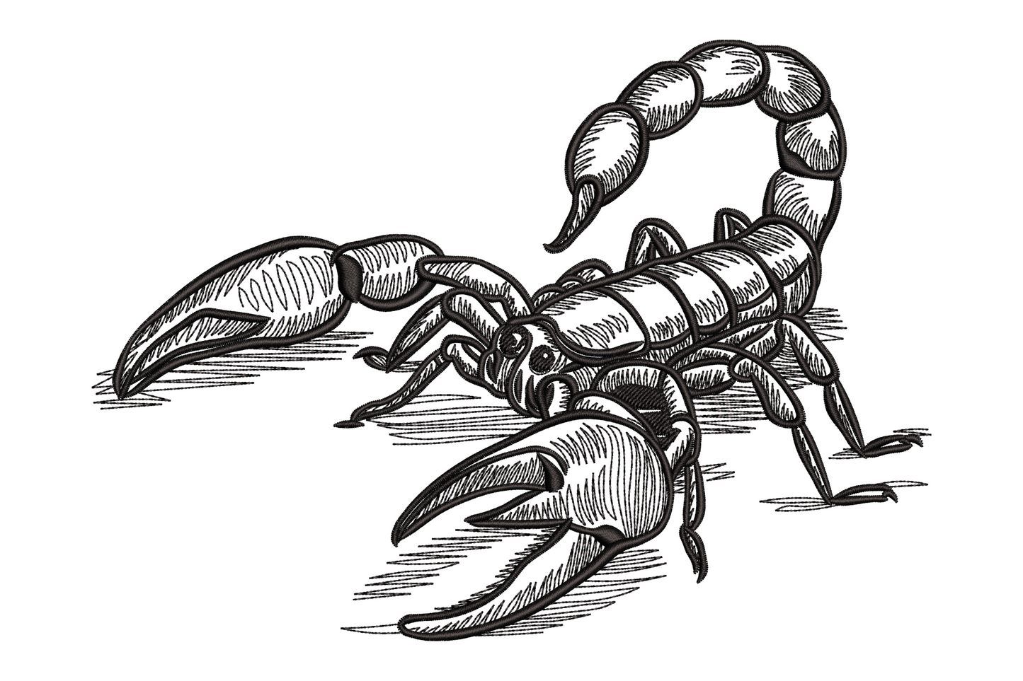 Scorpion embroidery design, single black colour, detailed pen-and-ink crosshatch style with arched tail and forward-extended claws.