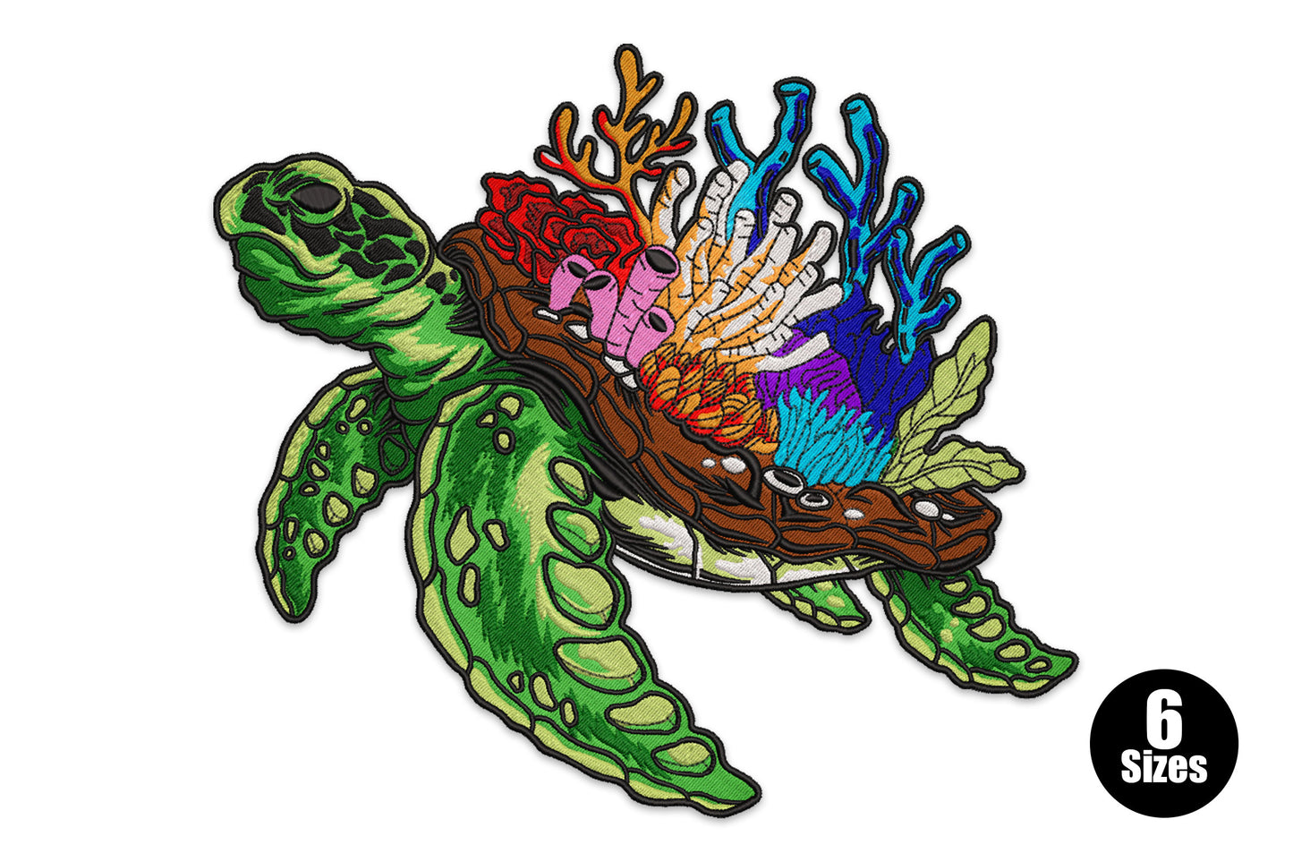 Sea turtle embroidery design with a coral reef garden on its shell, featuring 13 colours including greens, pinks, orange, cyan and deep blue.