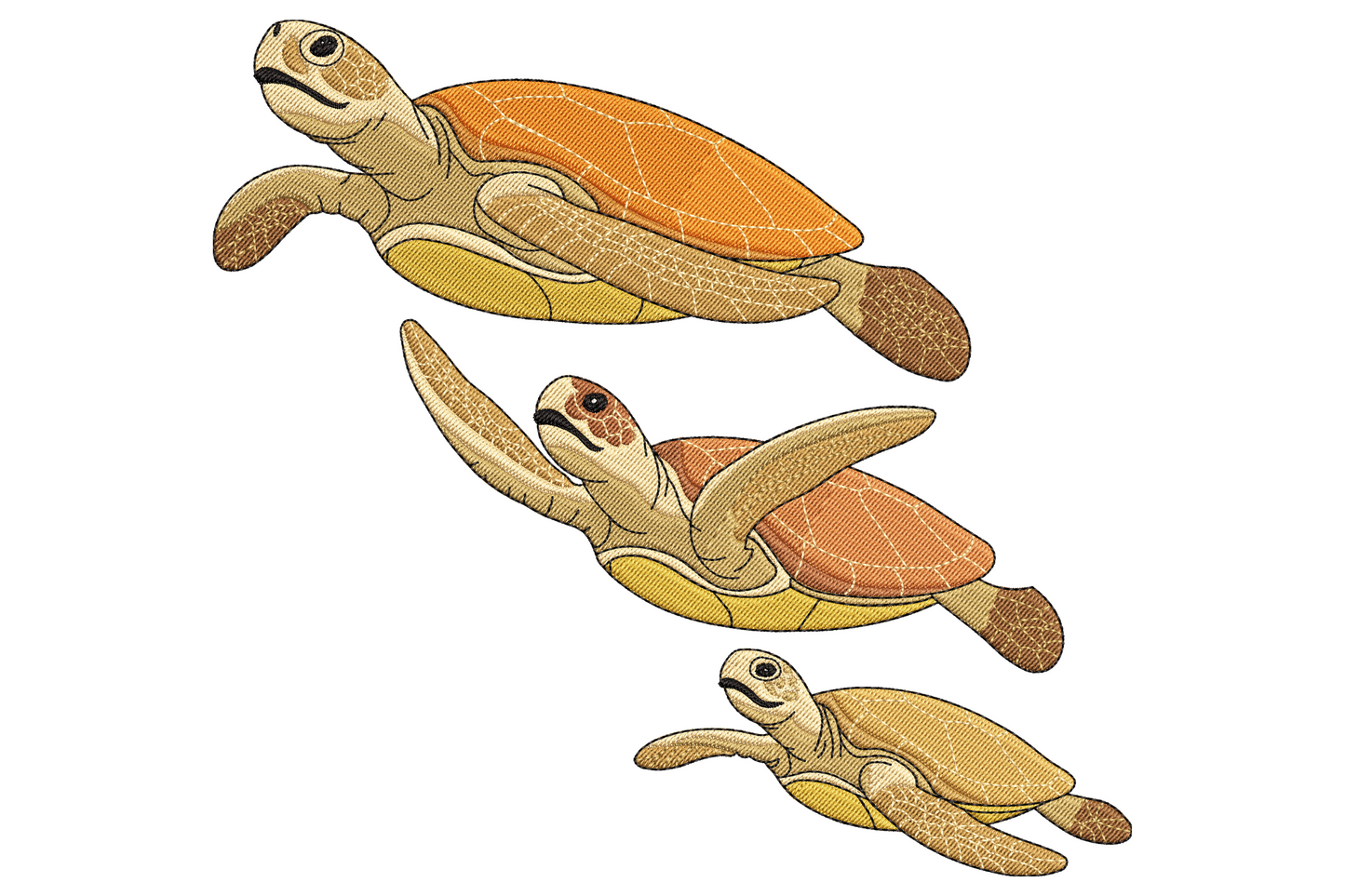 Sea turtle family embroidery design with three turtles swimming in a line, mama with bright orange shell, teen with pink coral shell, baby with soft sand shell.