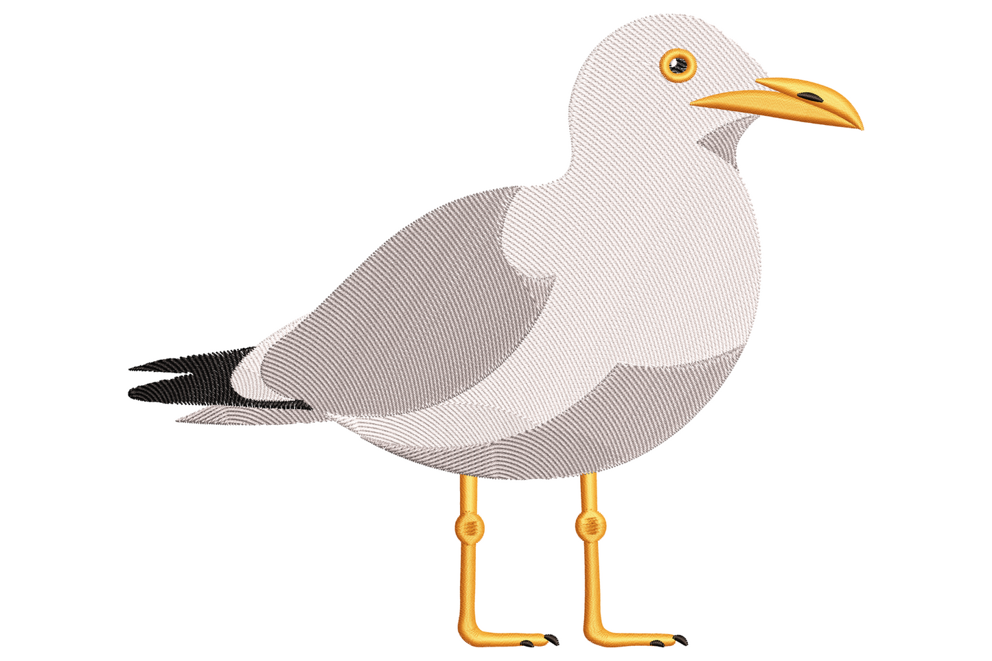 Standing seagull bird embroidery with white puffed chest, grey directional feather wings, orange beak and stick legs on cream background.