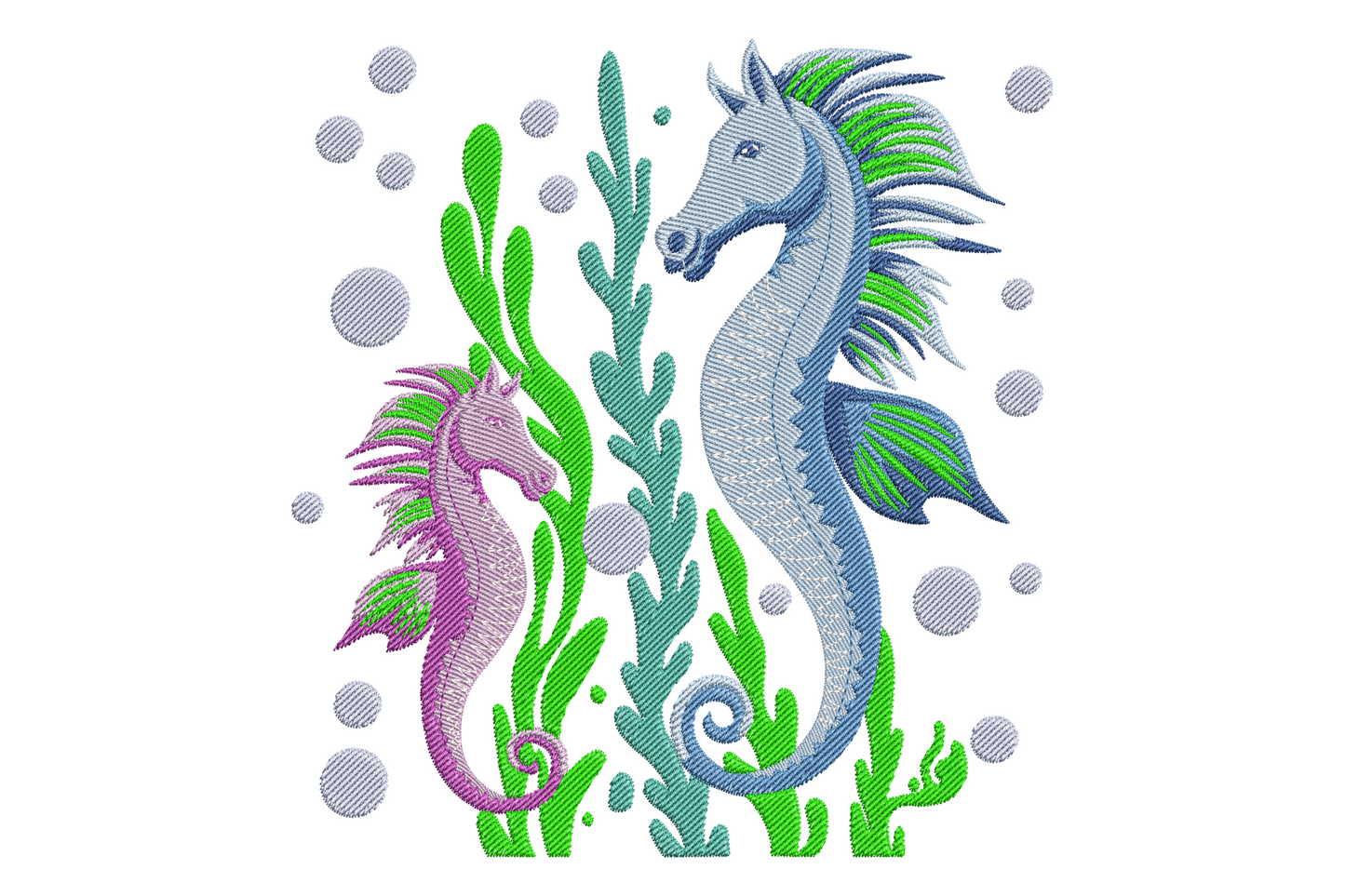 Two seahorses facing each other embroidery design, pink-purple smaller seahorse on left and blue-grey larger seahorse on right, with bright green seaweed fronds between them and grey bubble circles scattered around.