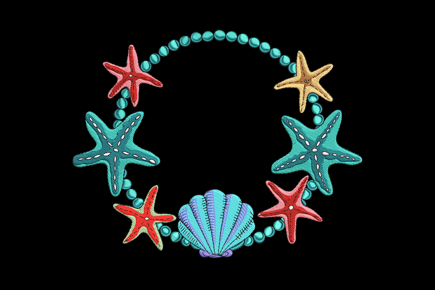 Seashell starfish wreath embroidery design with teal, red, and gold starfish around a blue scallop shell connected by a teal bead strand.