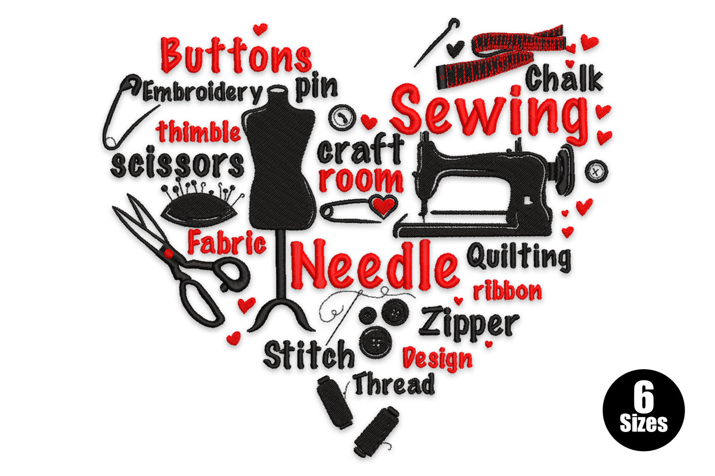 Heart-shaped sewing word art embroidery with tool silhouettes and craft vocabulary in red and black thread, 6 sizes