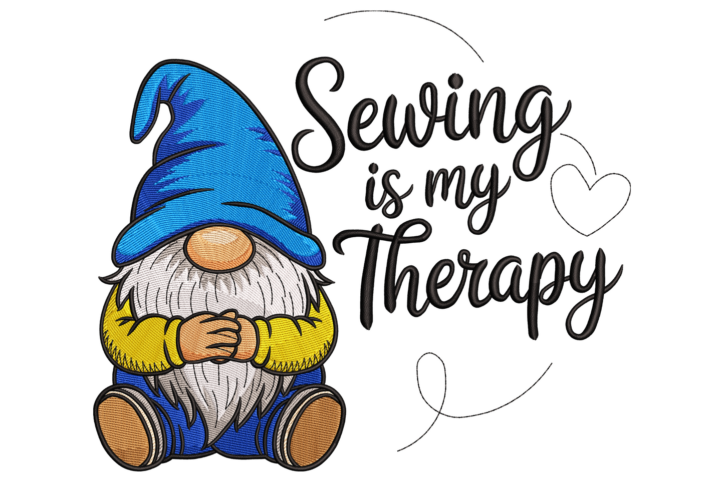 Sewing is my therapy gnome embroidery with blue cone hat, white beard, yellow gloves and cursive script with heart swirl.
