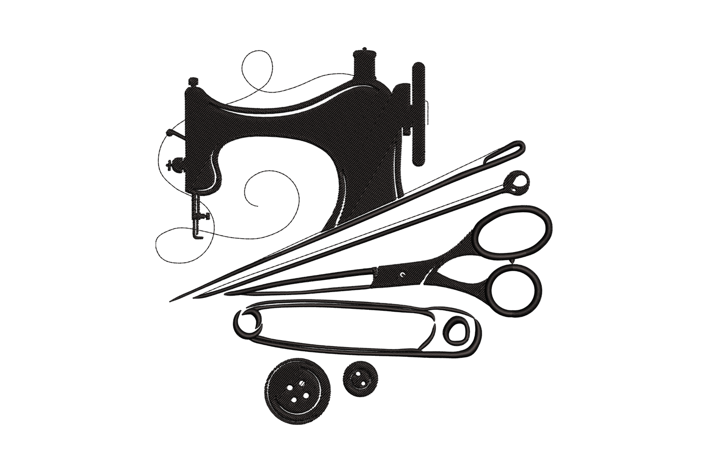 Machine embroidery design of a vintage sewing machine with scissors, needles, and button in single black thread on natural linen.