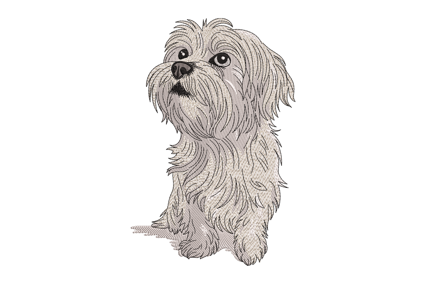 Shaggy fluffy dog machine embroidery with layered fur stitching and eyes peeping through fringe, 5 thread colours in warm tan and golden brown