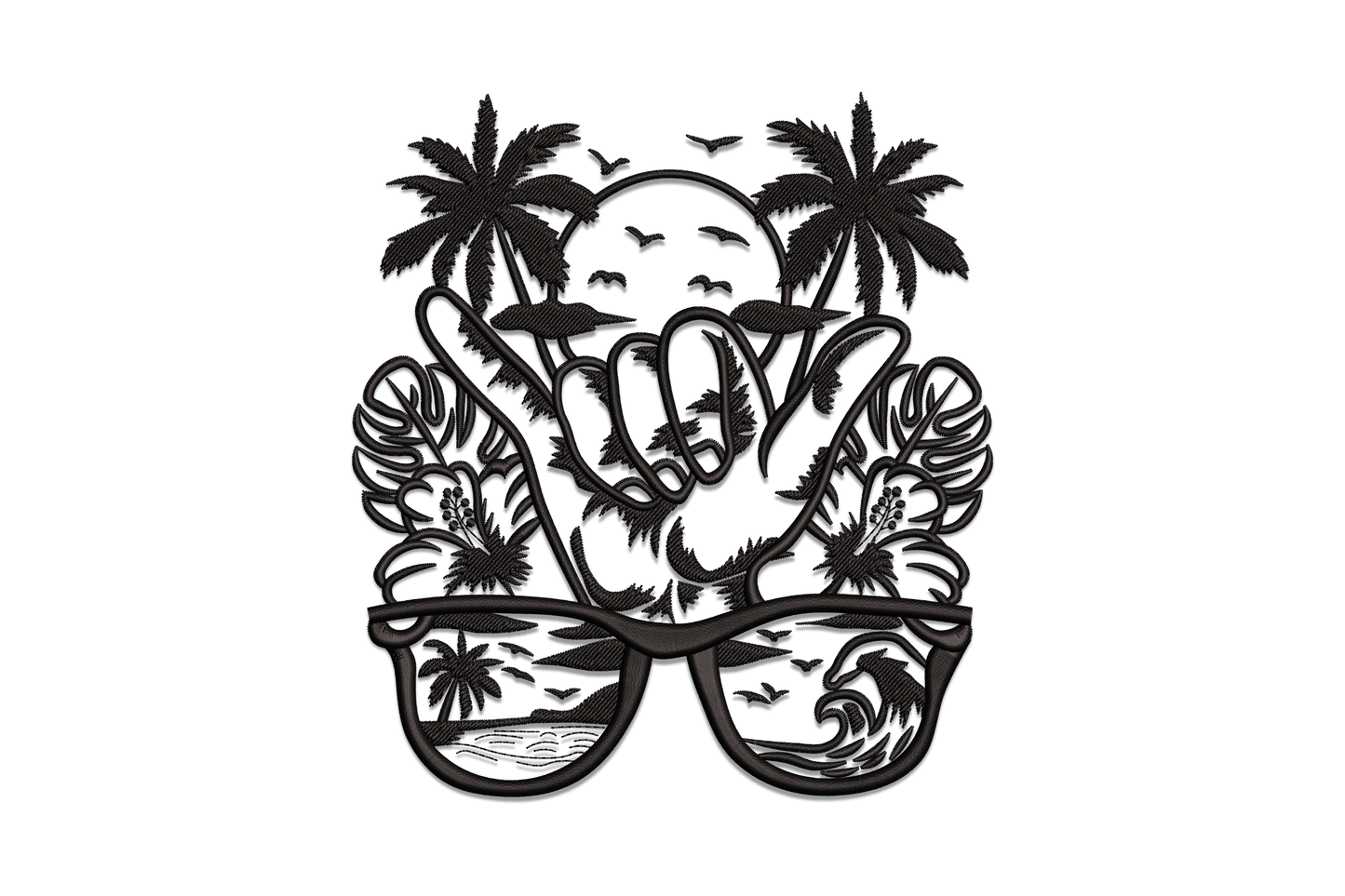 Shaka hang-loose hand embroidery packed with palm trees, hibiscus flowers and retro sunglasses with beach wave scenes, black silhouette design.