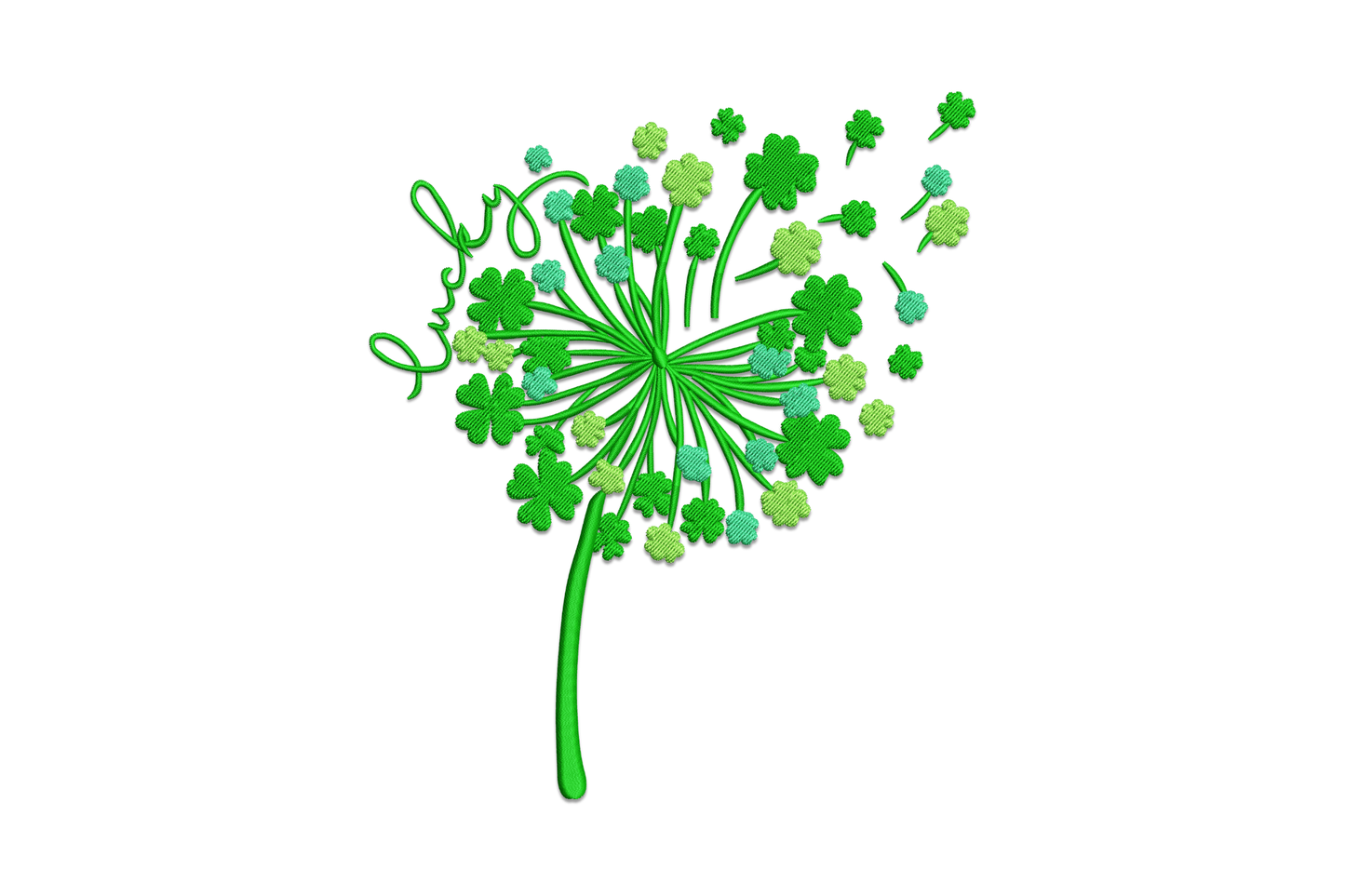 Shamrock dandelion heart embroidery design with seeds floating into heart shape, three-colour delicate style on white background