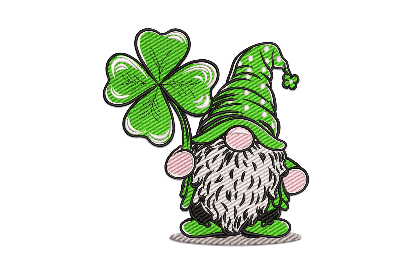 Shamrock gnome embroidery design, tall kelly green hat, fluffy cream beard, three-leaf clover in satin fill.