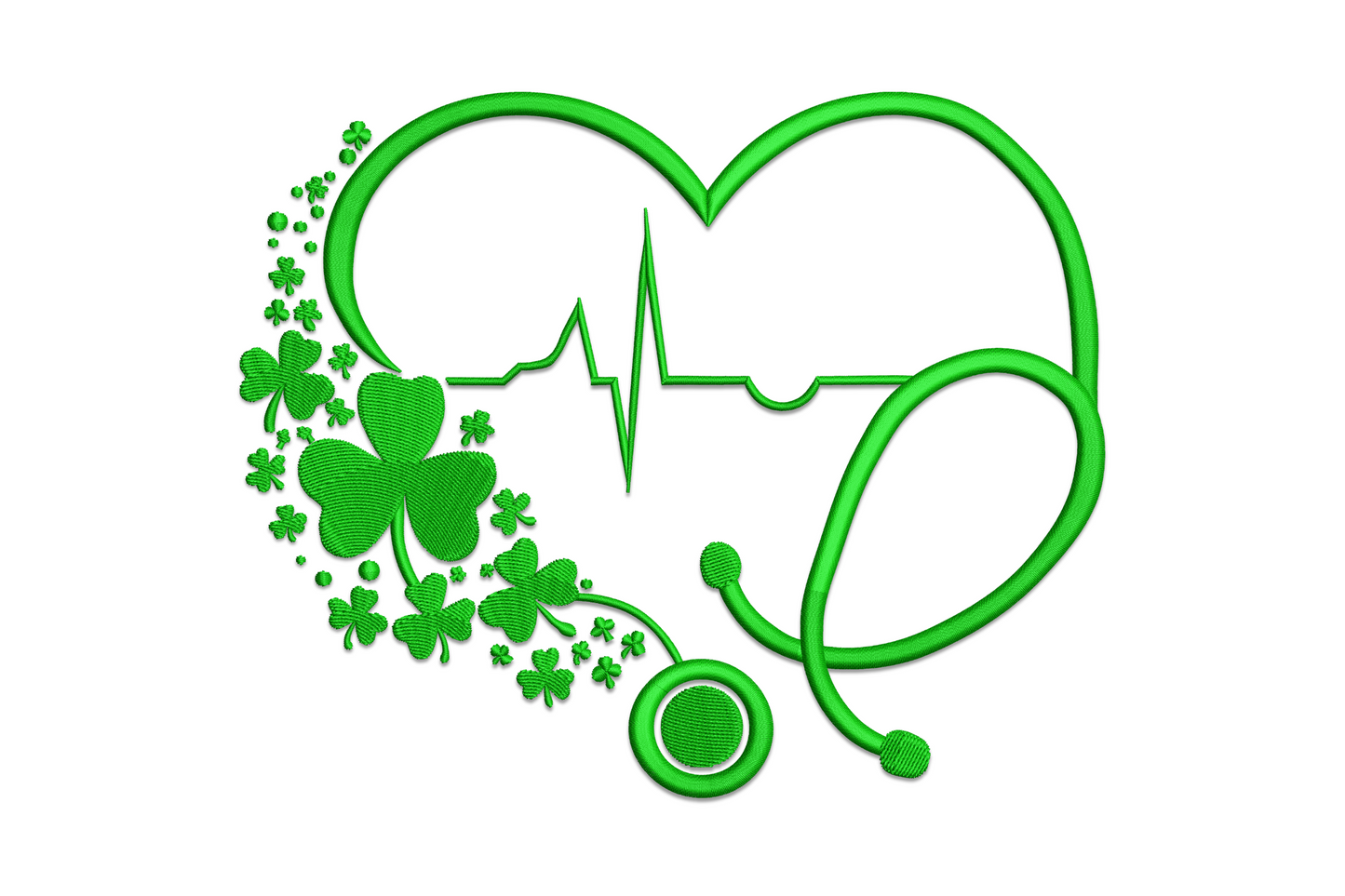 Shamrock heart stethoscope embroidery design, stethoscope curving into a heart with shamrock accent, 4 sizes for nurse gifts and St. Patricks Day scrubs