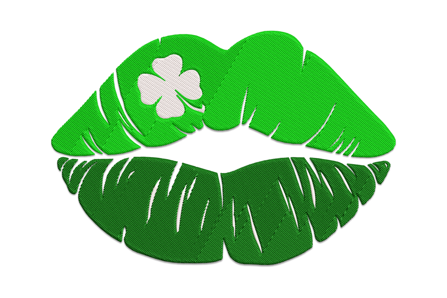 Shamrock Lips embroidery showing bold full lips in kelly green satin with a white four-leaf clover on the upper lip.