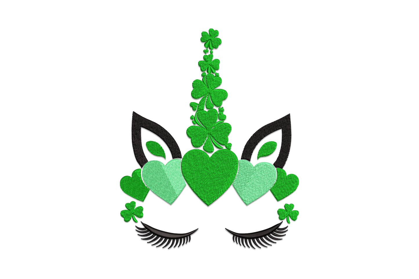 Shamrock unicorn face embroidery design with a front-facing unicorn, closed curved eyes, spiral horn and shamrock accent in kelly green, white and black.