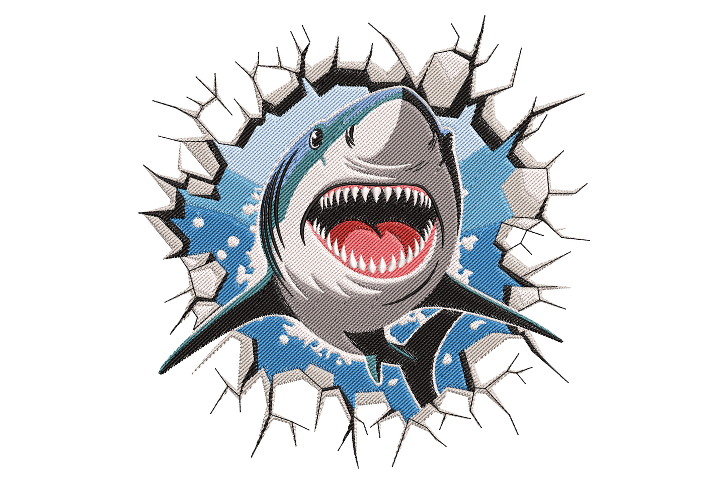 Great white shark embroidery bursting through cracked concrete wall, jaws open showing teeth, blue water splash
