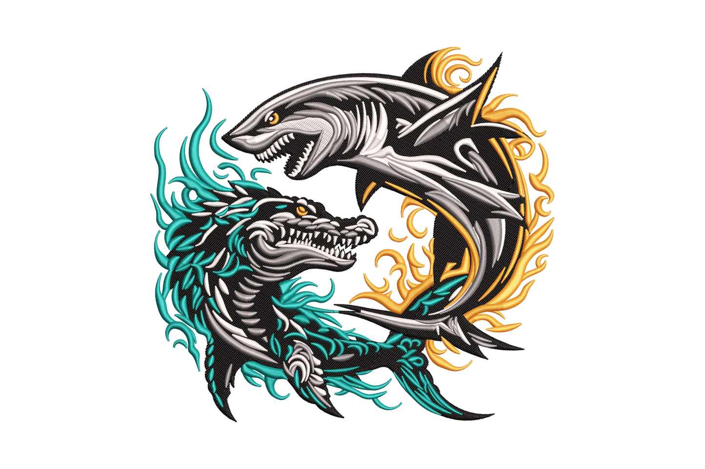 Shark vs dragon tribal embroidery design, black orange and teal, 5 sizes from 3.27 to 6.99 inches