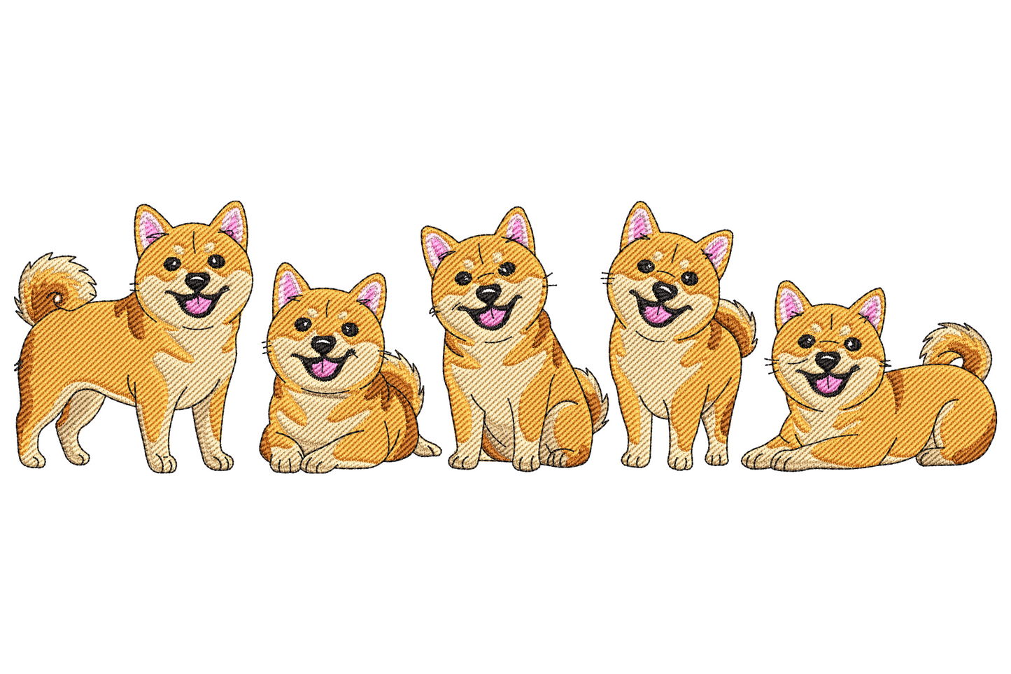 Five shiba inu dogs in a horizontal row embroidery design, golden coats, pink ears, 8 colours, various sitting and standing poses.