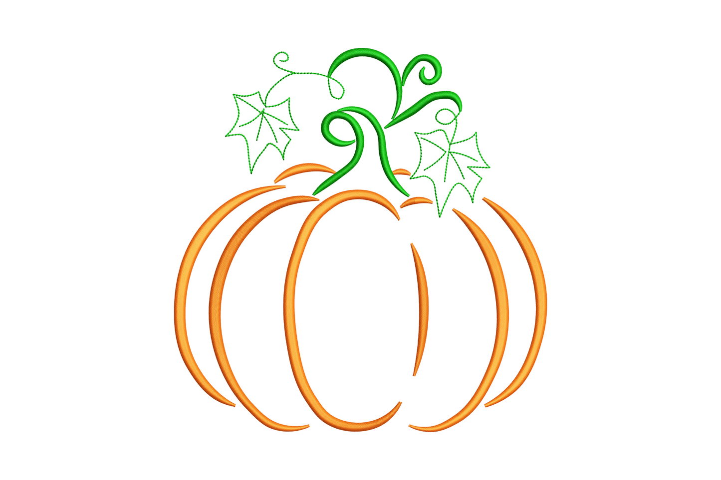 Simple pumpkin outline embroidery with clean ribbed lines and curling stem in burnt orange and brown, no fill.