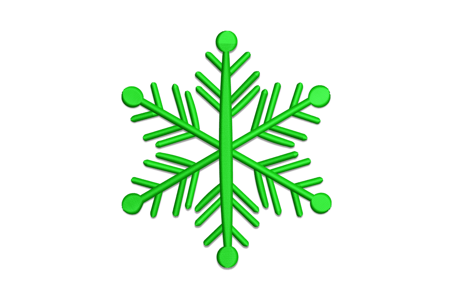 Simple open line-art snowflake embroidery design with slim radiating arms and small circular dot tips, digitised in Wilcom EmbroideryStudio, 4 sizes from 2 to 5 inches