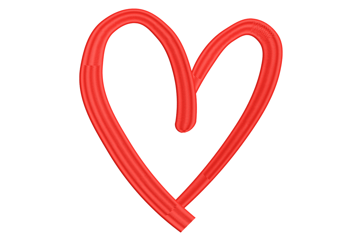 Single hand-drawn red heart outline embroidery, doodle style with wonky asymmetric shape and crossover loop at the bottom