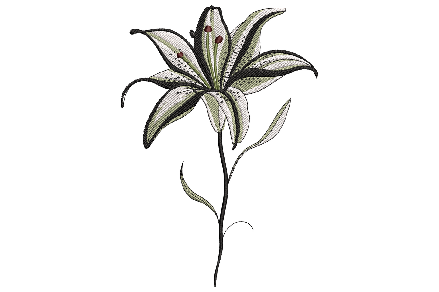 Single lily flower stem embroidery, sage green petals, dark red stamens and a long black-outlined stem with curling leaves.