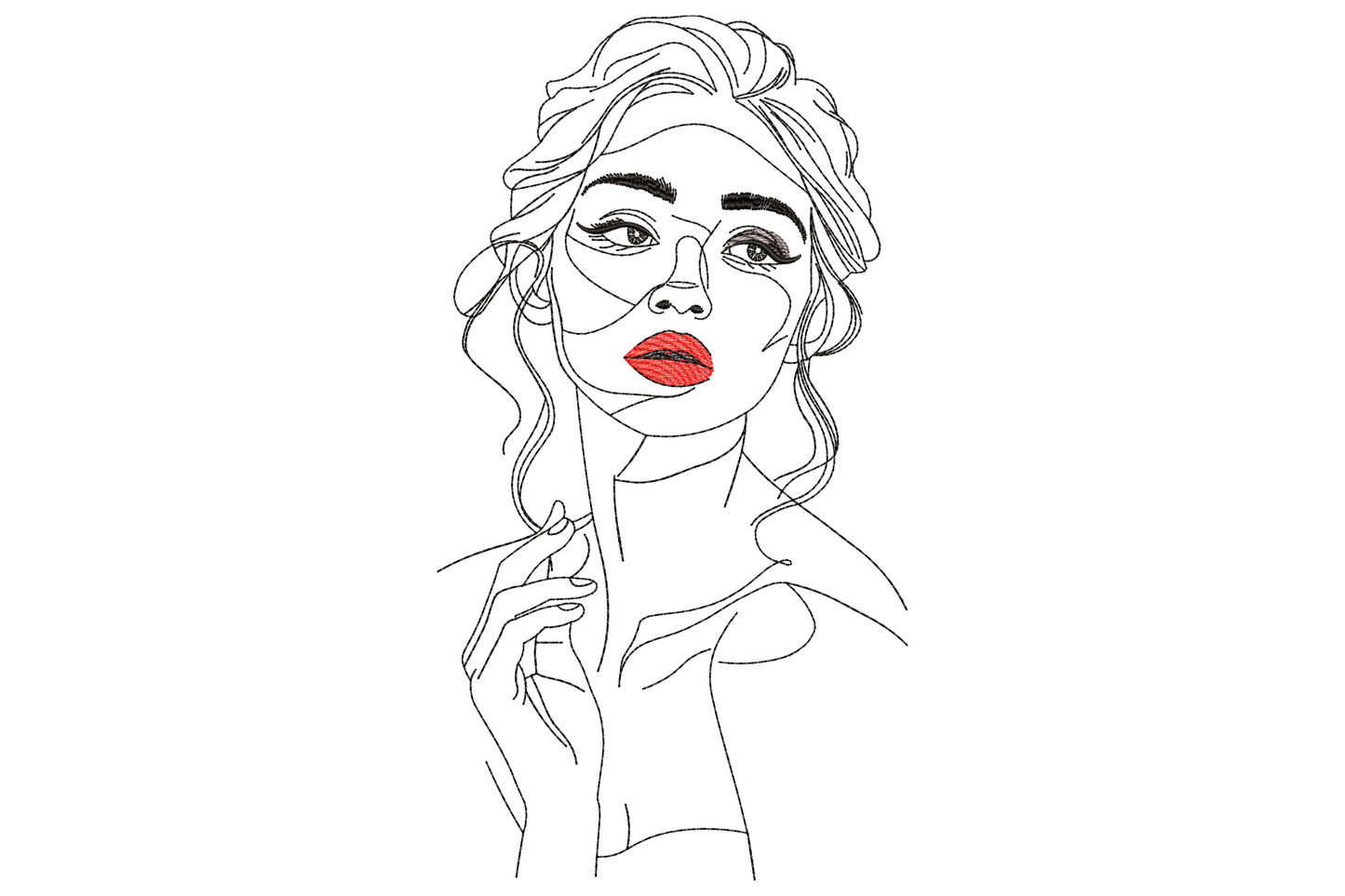 Single line woman face embroidery with continuous black contour, bold red lips, and a pink cheek blush dot on cream skin.