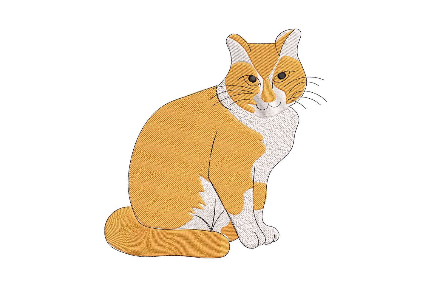 Sitting cat embroidery, upright cat with tail curled around paws, 4 colours in warm grey and white, 3.38 to 7.24 inch