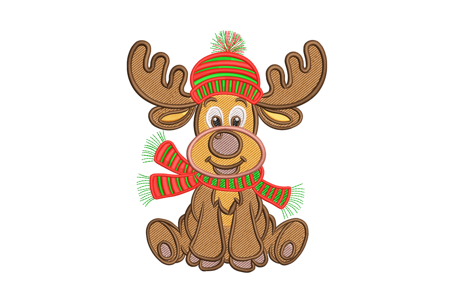Sitting reindeer embroidery design with knit striped winter hat and scarf, cross-hatch fill, 9 colors, chunky cartoon style
