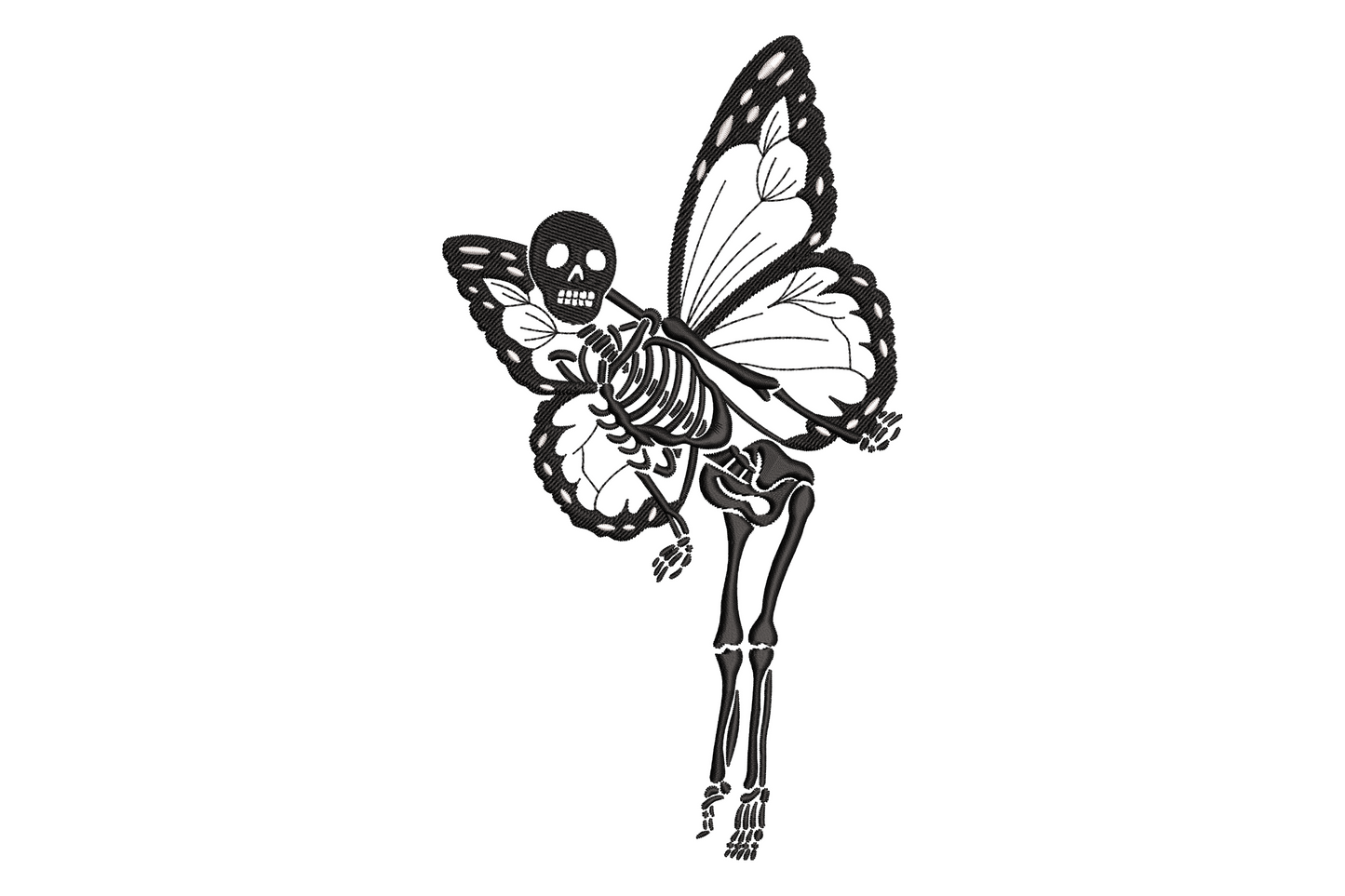 Skeleton butterfly fairy embroidery design, landscape orientation with spread wings, black and white 2 colors, 5 sizes