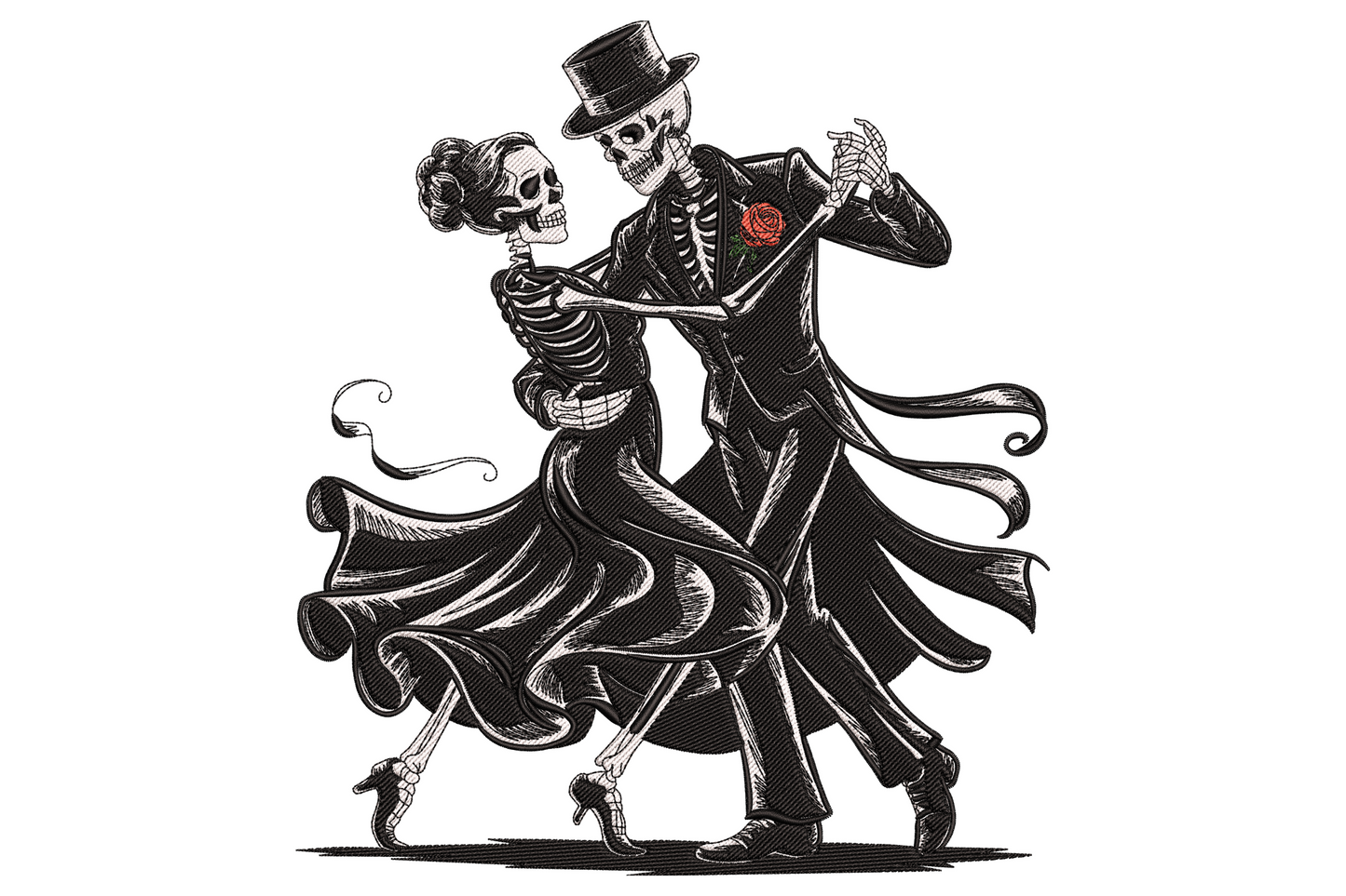Two skeletons in ballroom dance pose, cream white bones with dusty rose dress and dark suit detail, romantic spooky tall composition on white background.