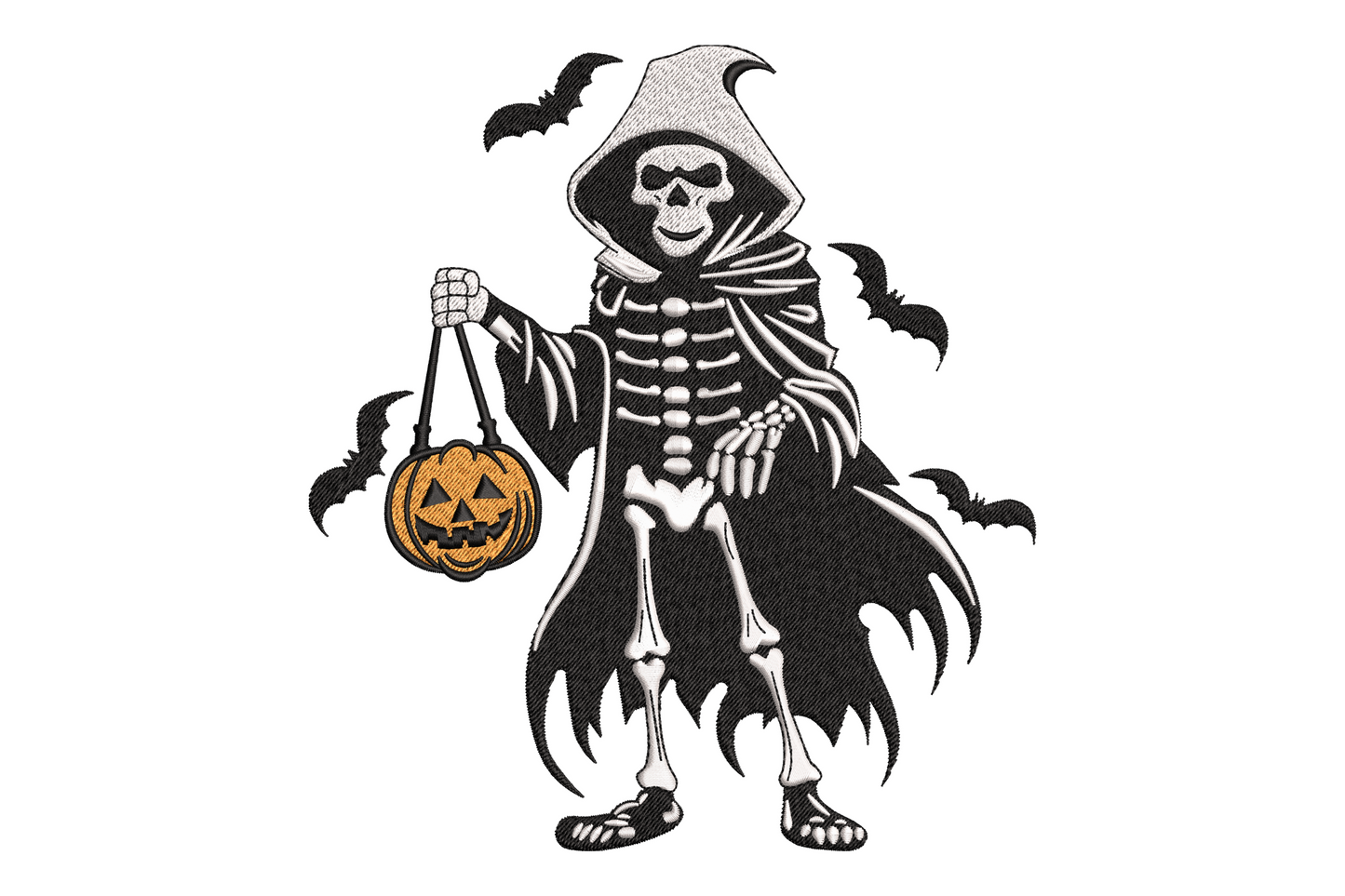 Skeleton grim reaper in dark hooded cloak with skull face, 5 colour halloween machine embroidery design, shown on black fabric background, 5 sizes from 3.5 to 7.5 inches wide