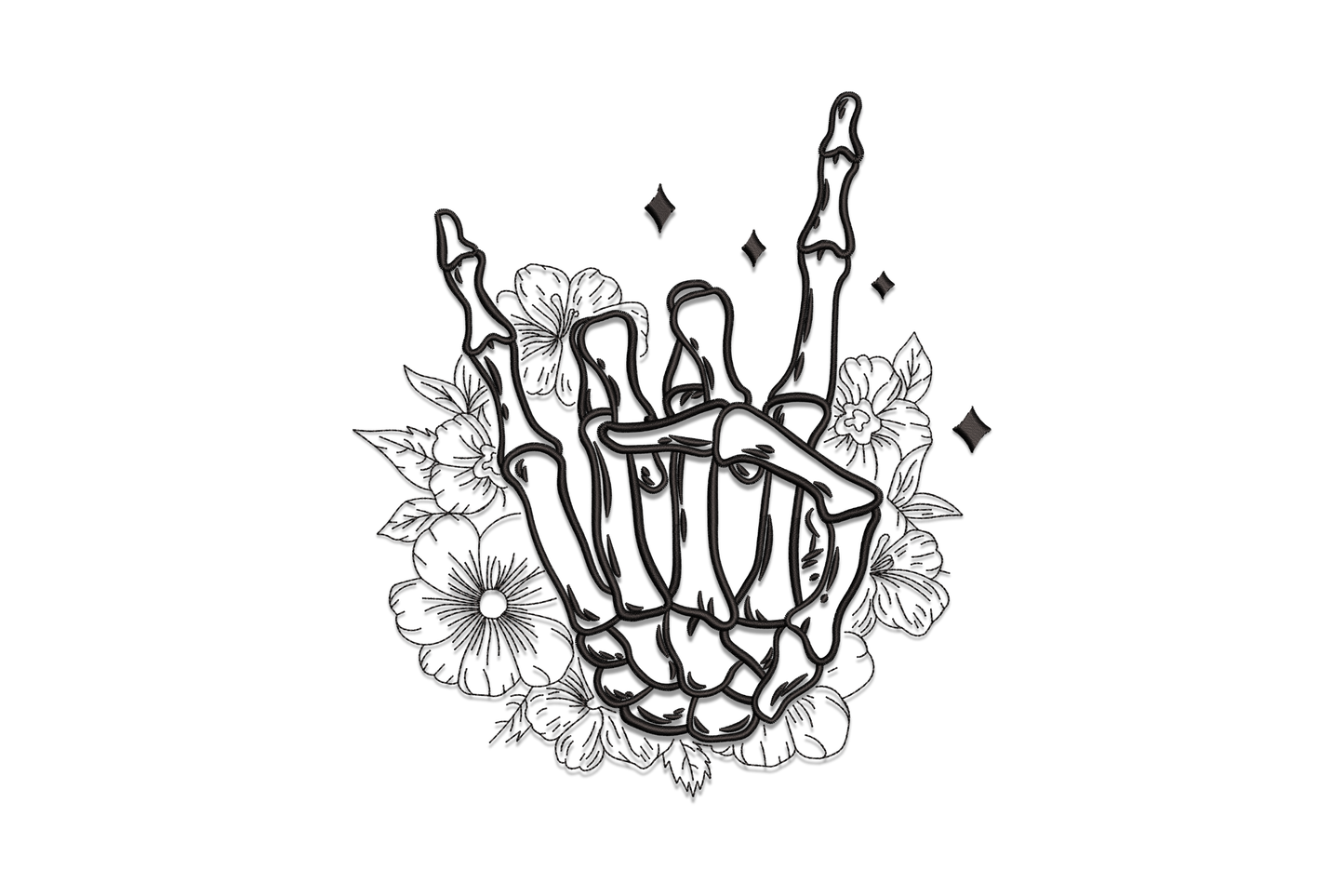 Skeleton hand making a rock-on sign surrounded by large open flowers and four diamond stars above the fingers, all in black outline linework.