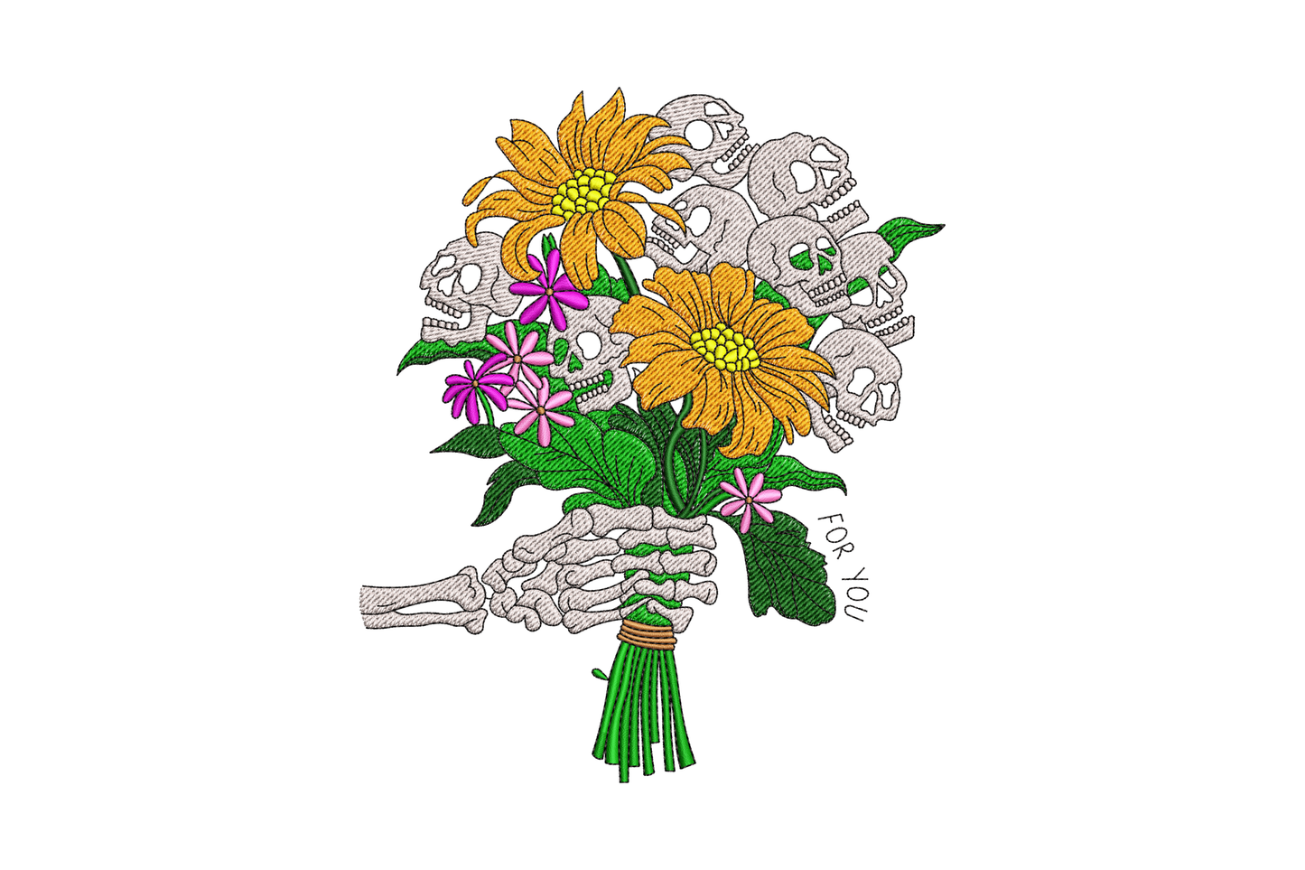 Skeleton hand flower bouquet embroidery design with grey-white bone hand holding orange daisies and pink cosmos in green foliage, 9 colours with black outlines.