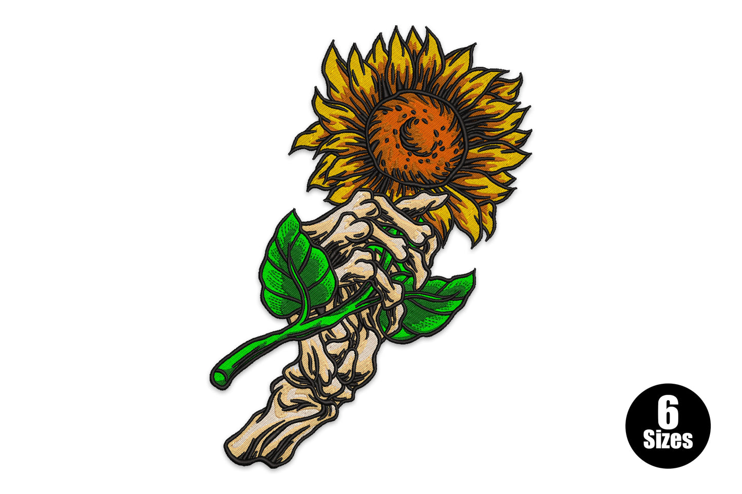 Skeleton hand holding a sunflower embroidery design with cream bone detail, golden yellow petals and a rust-brown centre