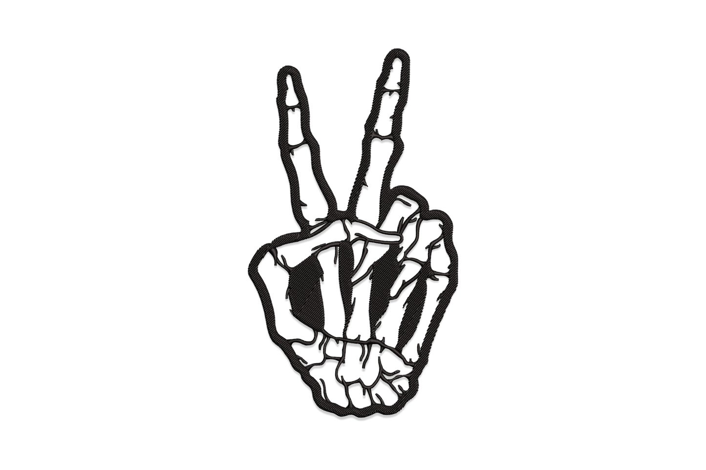 Skeleton hand peace sign embroidery design, single colour bony hand with index and middle fingers raised and joint details