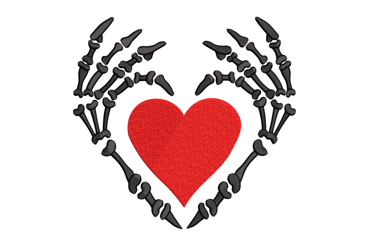 Skeleton hands cradling a heart shape, two-colour gothic Halloween machine embroidery design on dark fabric