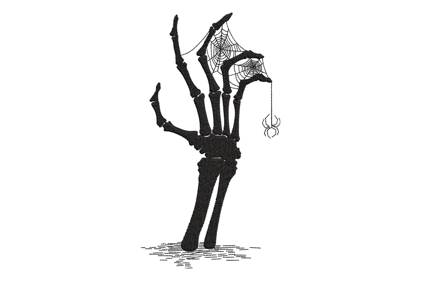 Skeleton hand spider web embroidery design showing a detailed black skeletal hand with segmented finger bones rising from a ground line, spider webs stretched between spread fingers, and a dangling spider on white background