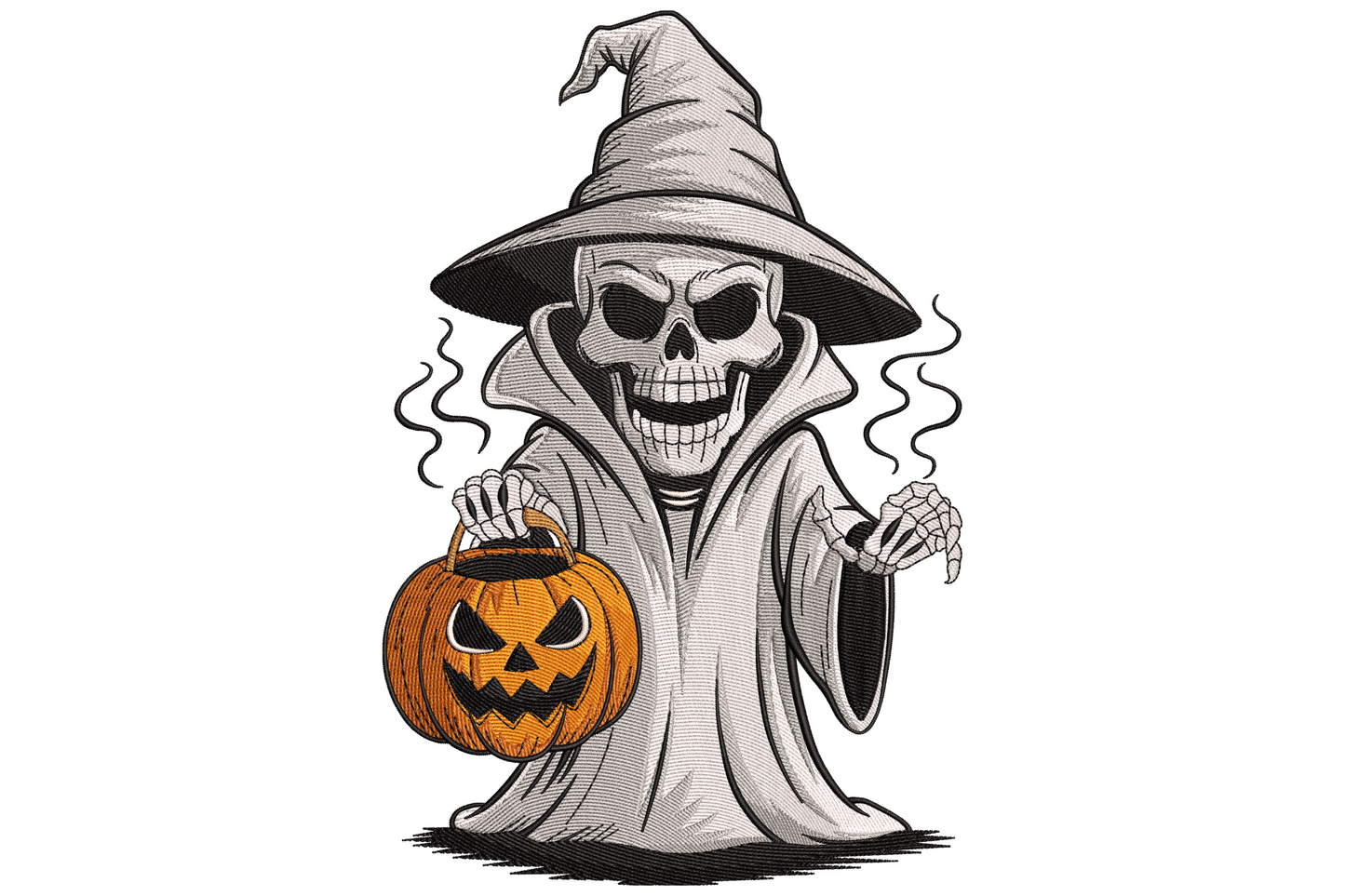 Skeleton witch embroidery design in black, cream and purple, stylised cartoon figure with tall pointed hat and skull face, 3.5 inches wide.