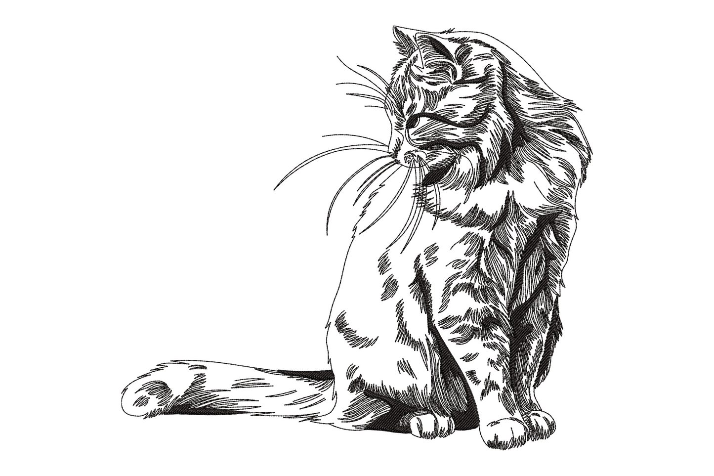 Sketch cat embroidery design, hand-drawn style sitting cat outline in single colour satin column stitching, minimalist line art on linen