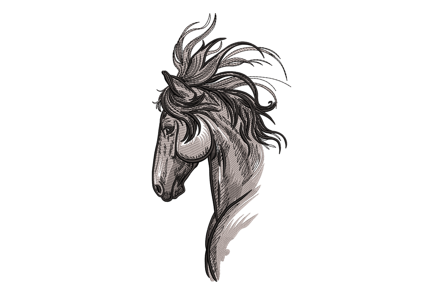 Sketch horse head embroidery in greyscale ink-etching style with a windswept mane and crosshatch shading.